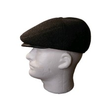 Charcoal Grey Herringbone Newsboy Flat Cap Ear Flaps Wool Blend Ivy Hat Sz 7 3/4