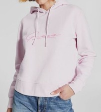  69 Guess Women's Pink Long-Sleeve Hooded Drawstring Neckline Sweater Size XL