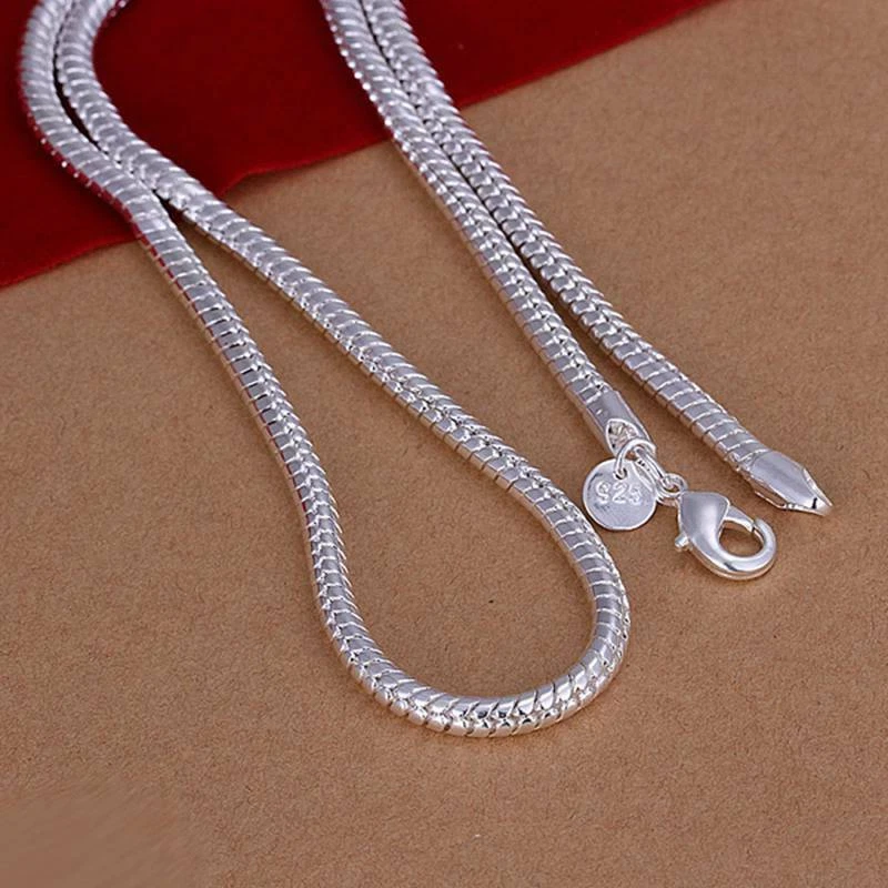 2PCS 925Sterling Solid Silver Men Jewelry 4MM Snake Chain 16- 24 Inch  Necklace