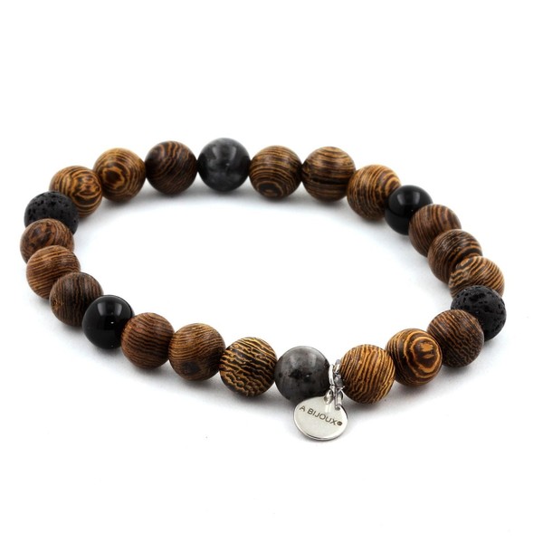 Armband Perlen Obsidian Schwarz + Lava + Labradorit + Holz 8 Mm. Hergestellt Aus-image