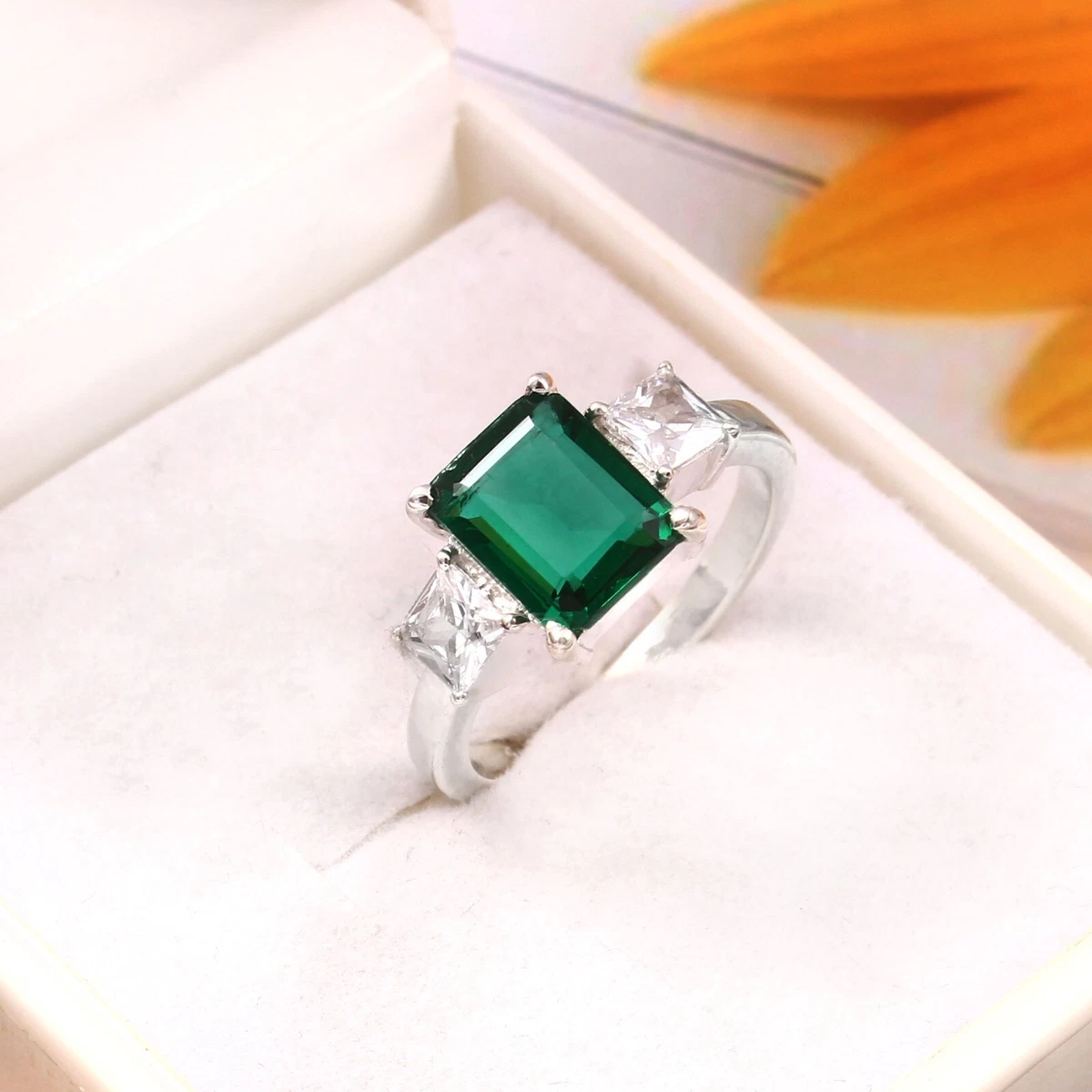 Emerald Cut 3 Stone Engagement Ring in Sterling Silver | Takar Jewelry