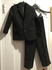 Van Heusen Boys Suit Black Pinstriped Blazer Elastic Waist Pants Size 5 EUC