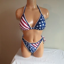 Unknown Brand Tie Side Bottom & Tie Neck/Back Top Swim Set Red/White/Blue M NWOT