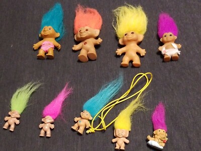9 Vtg Russ & Ace Trolls Dolls Lot PenTopper Cupid Jewel Belly Necklace Clothed