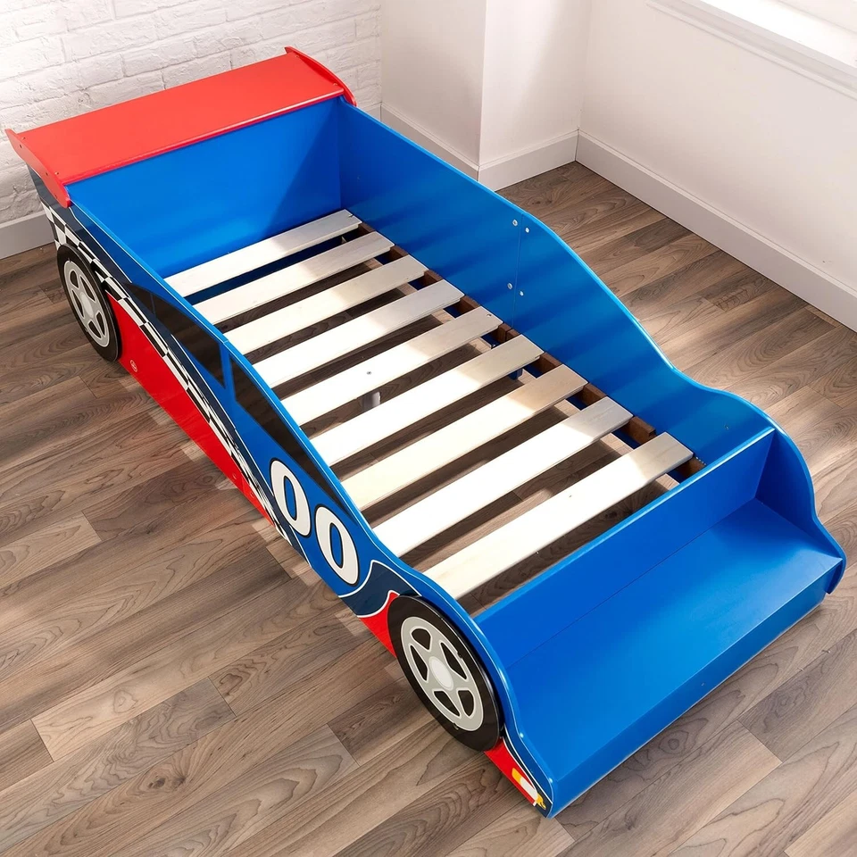 Wooden Kids Bed Racecar Toddler Bed Built-in Bench & Bed Rails Red & Blue NEW - Image 4 of 4
