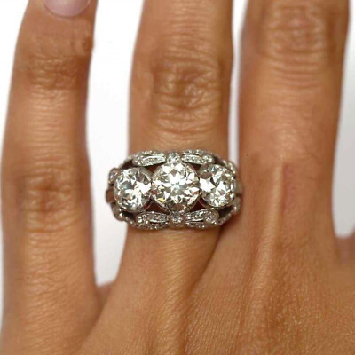 Art Deco Three Stone Edwardian Wedding Ring 925 Silver 4.33CT OEC CZ Stone
