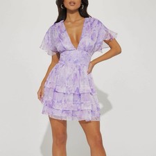 Fashion Nova Boho Purple Floral Chiffon Ruffled V-Neck Mini Dress Size Medium
