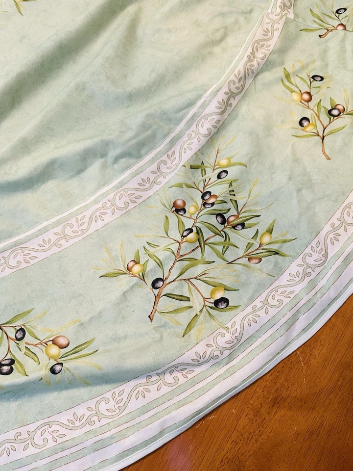 Wipeable Spill Resistant Made In France Light Green Olive Circular Tablecloth - Image 3 of 4