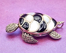 Vintage Sterling Silver Turtle Black Jade Mother of Pearl Marcasite Brooch