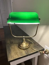 Vintage Bankers Lamp Green Emerald Glass Shade Studying Decor 14” Small Chip