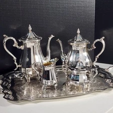 Wm Rogers 5 Pc Tea Set #1090 Silverplate Coffee & Tea Pot Lg Tray Sugar Creamer