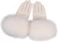 Women Genuine Lambskin Leather Gloves With Real Fox Fur Trim Medium, Beige