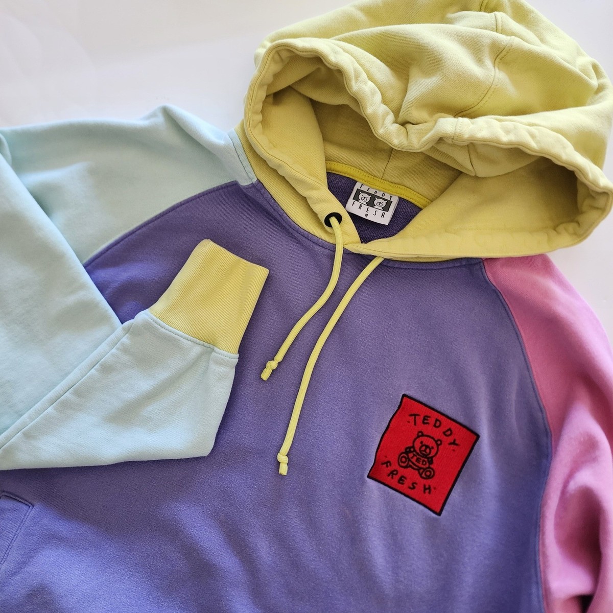 Teddy Fresh color block hoodie purple pink blue yellow bear patch size M