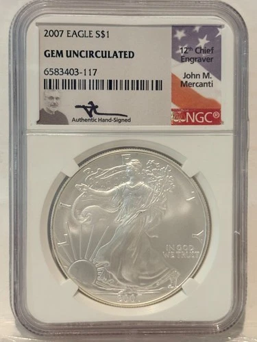 2007-Burnished Silver Eagle -GEM UNCIRCULATED NGC John M. Mercanti Signed