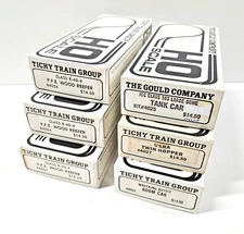 6 Undecorated Tichy and Gould Co. HO Scale Freight Car Kits, New, Sealed Boxes.