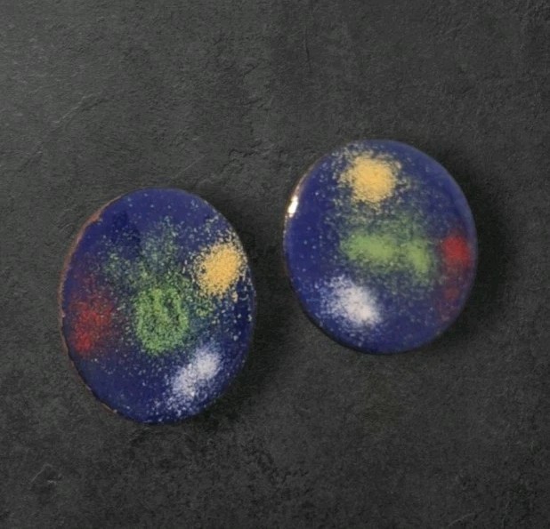 Vintage Blue Red Yellow Enameled Copper Modern Art Disk Screw-On Earrings