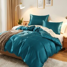 3-Piece Silky Satin Duvet Cover Set King Size Duvet Cover, Organic Natural 40...