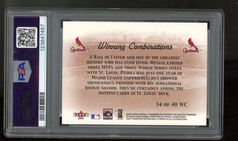2001 Fleer Platinum Stan Musial Albert Pujols Combinations RC Blue #34 WC PSA 9 - Image 2 of 2