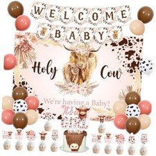 Highland Cow Baby Shower Decorations for Girls Pink with Holy Cow Are Having a