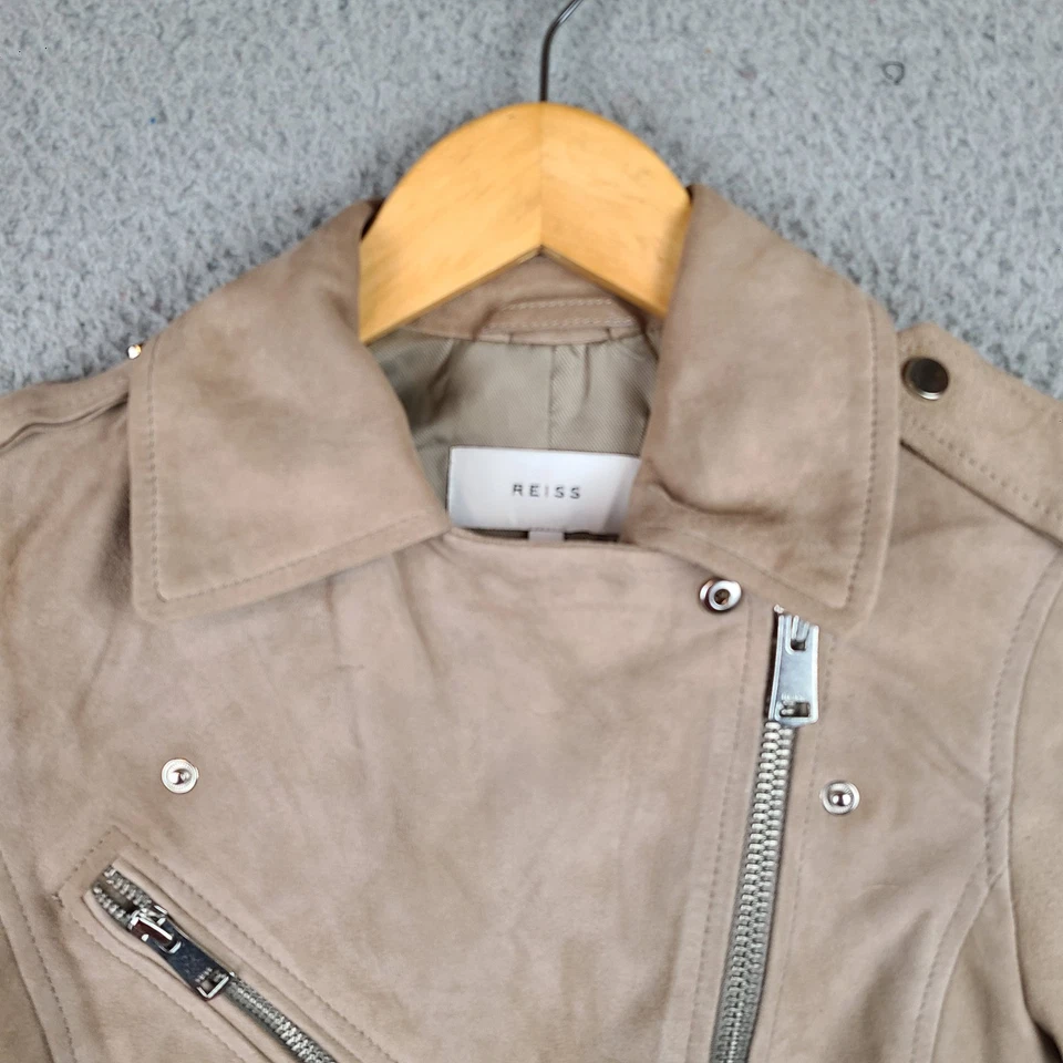 Reiss Womens Daye Goat Suede Biker Jacket Size 0 Neutral Beige - Image 2 of 4