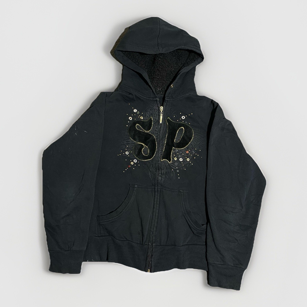Southpole Y2K Jacket Women 2X Plus Black Full Zip Grunge Bedazzled Logo Hoodie