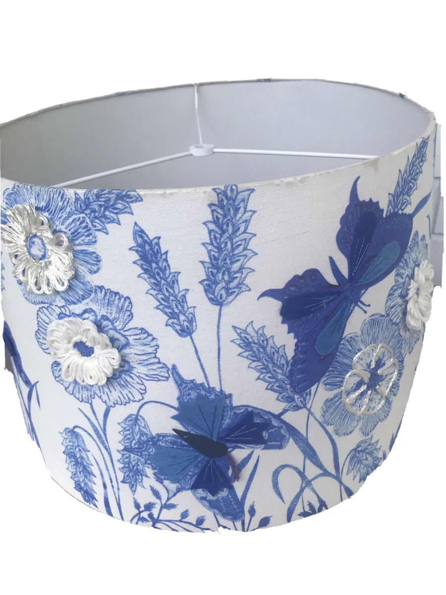 Vintage BUTTERFLY Drum Lamp Shade Whimsical Blue Butterflies Boho Cottage Style