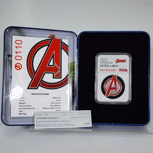 2020 NGC PF70 UC Fiji Avengers Logo First Releases S$2 Silver Coin 1 oz Coin