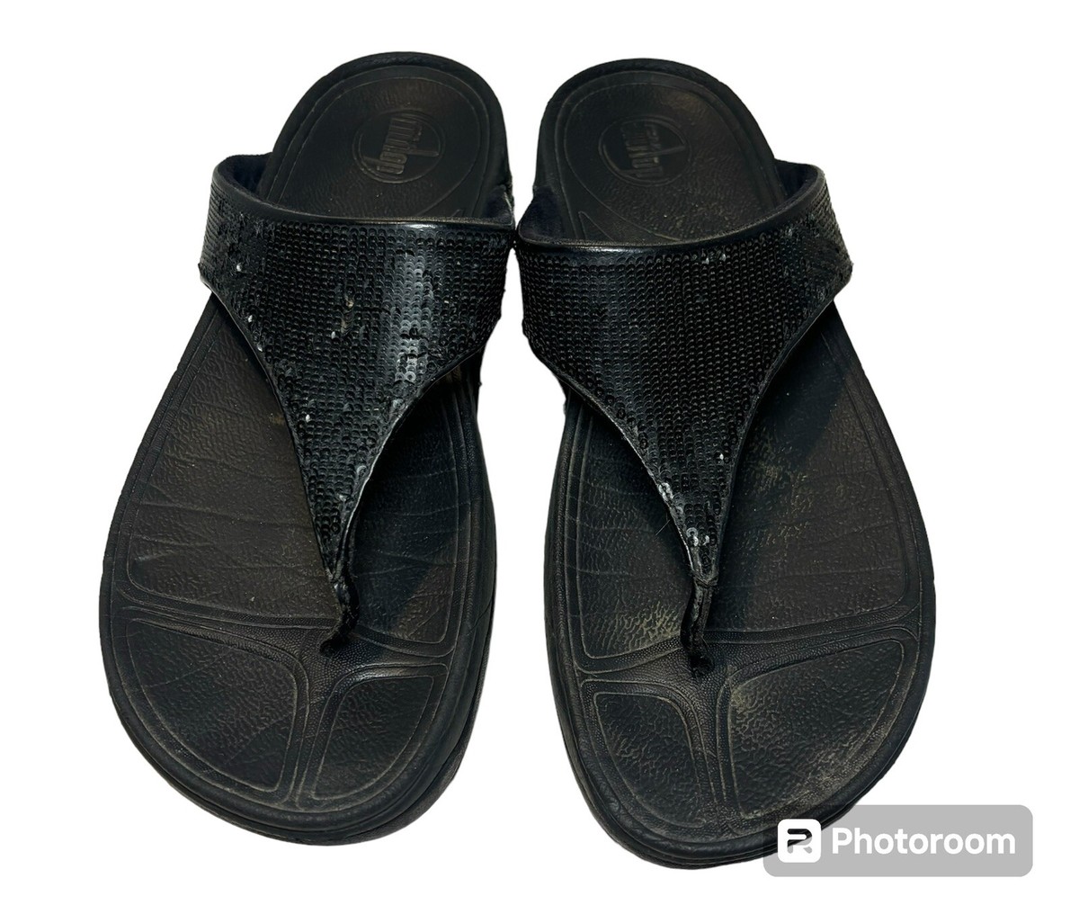 Fitflop Electra Women Size 10 Black Sequins Flip Flop Thong Wedge