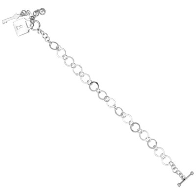 925 Sterling Silver Lock & Key w/ Ball Round Link Charm Bracelet, 7.5'' Long