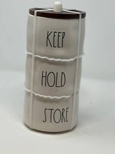Rae Dunn Classic White STORE, KEEP, HOLD stackable cellar storage set with wood