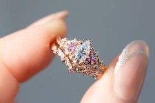 Moissanite 925 Sterling Silver Ring, Leaf Like Texture Design Bridal Ring Set