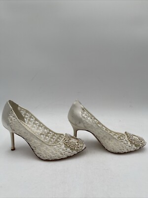 Manolo Blahnik Hangisi White Lace Jewel Buckle Pumps White Size 37