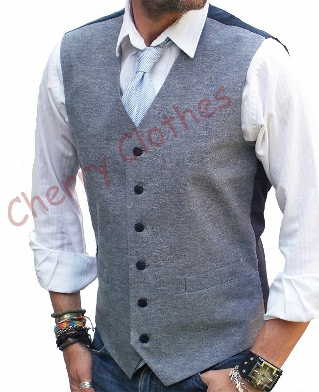 Mens Linen Cotton Blend Blue Ecru Waistcoat Vest All Sizes M L