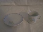 VTG PORCELANA Cup AND Saucer Set Brazil Pastel Landscape Scene on Pear Blue Rim — photo 3