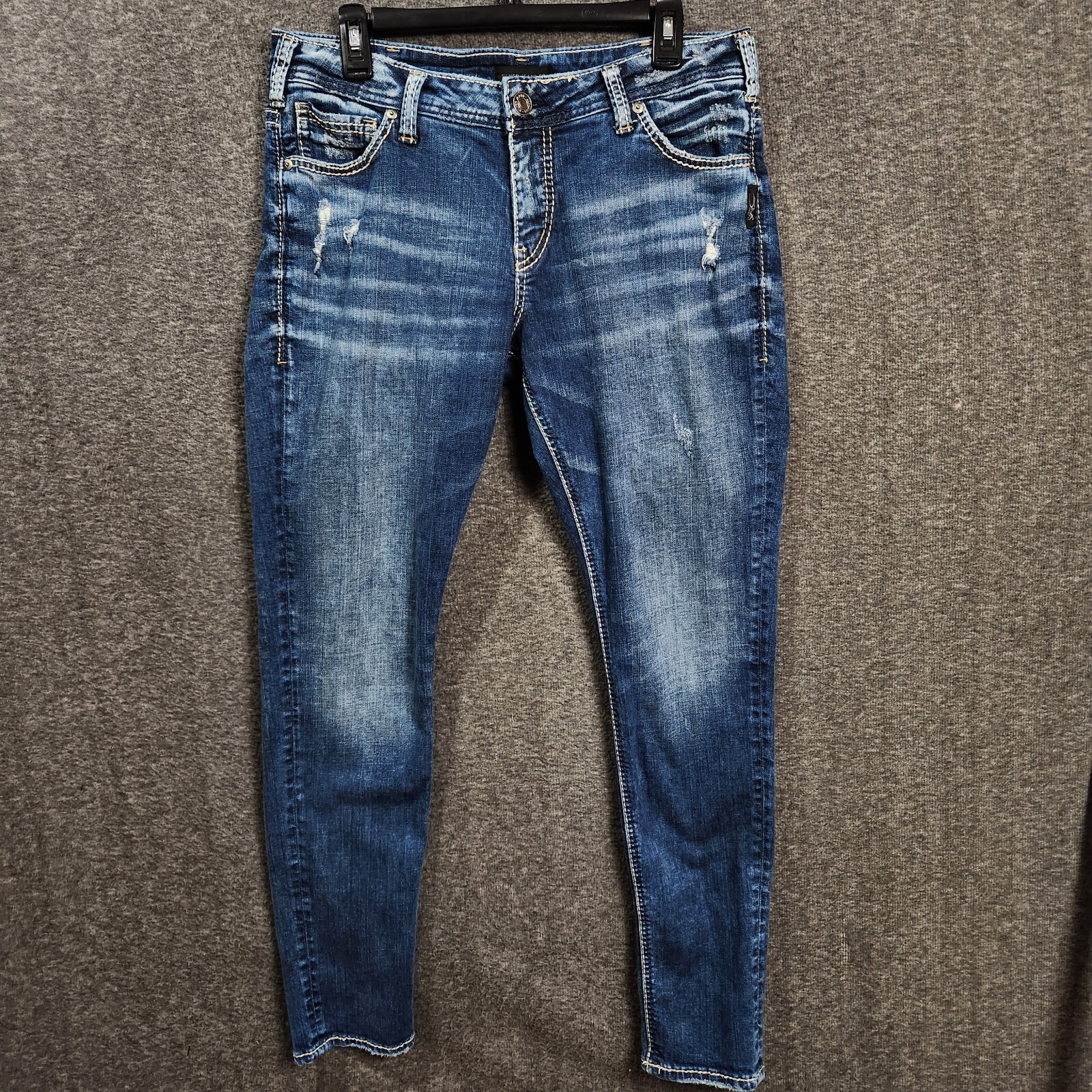 Silver Girlfriend Jeans Womens 12/29 Meas 33x31 Dark Wash Distressed