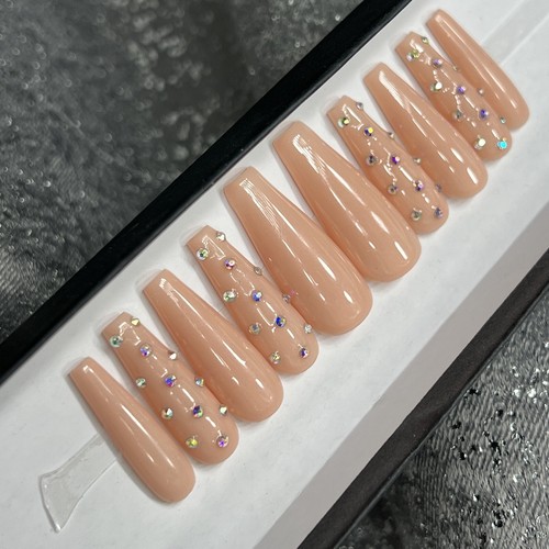 🔥CUSTOM Gel Press On False Nails, Nude W/ Bling , Long Coffin, 10p Mediun NEW - Picture 2 of 9