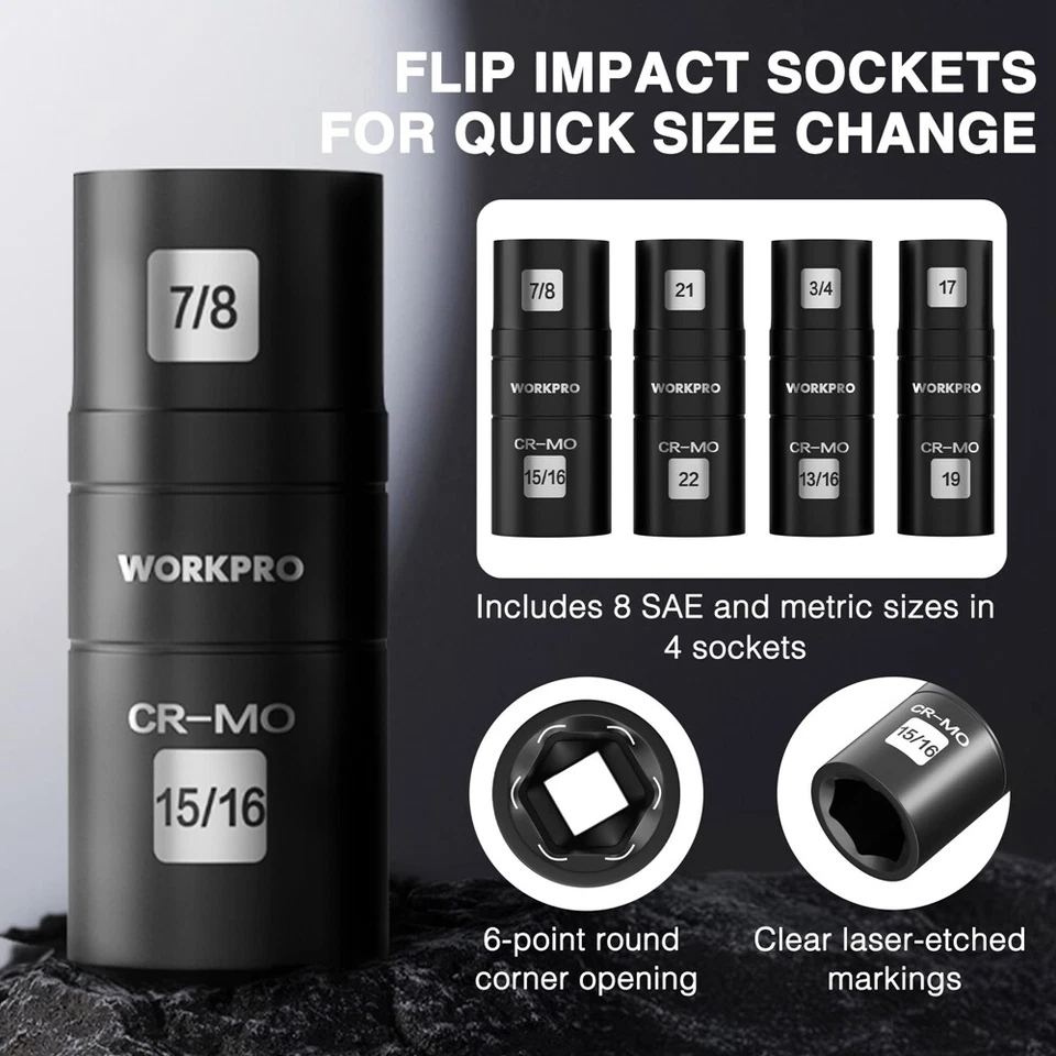 WORKPRO 5PC 1/2" Dr Impact Socket Set Lug Nut Wheel 3" Extension Bar Flip Socket - Image 4 of 4