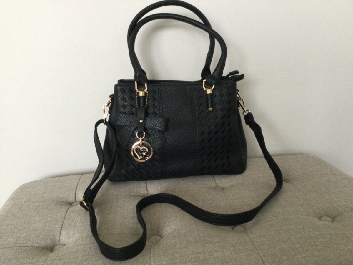 KK XIU Black Woven Vegan Faux Leather Large Purse w/ Removable