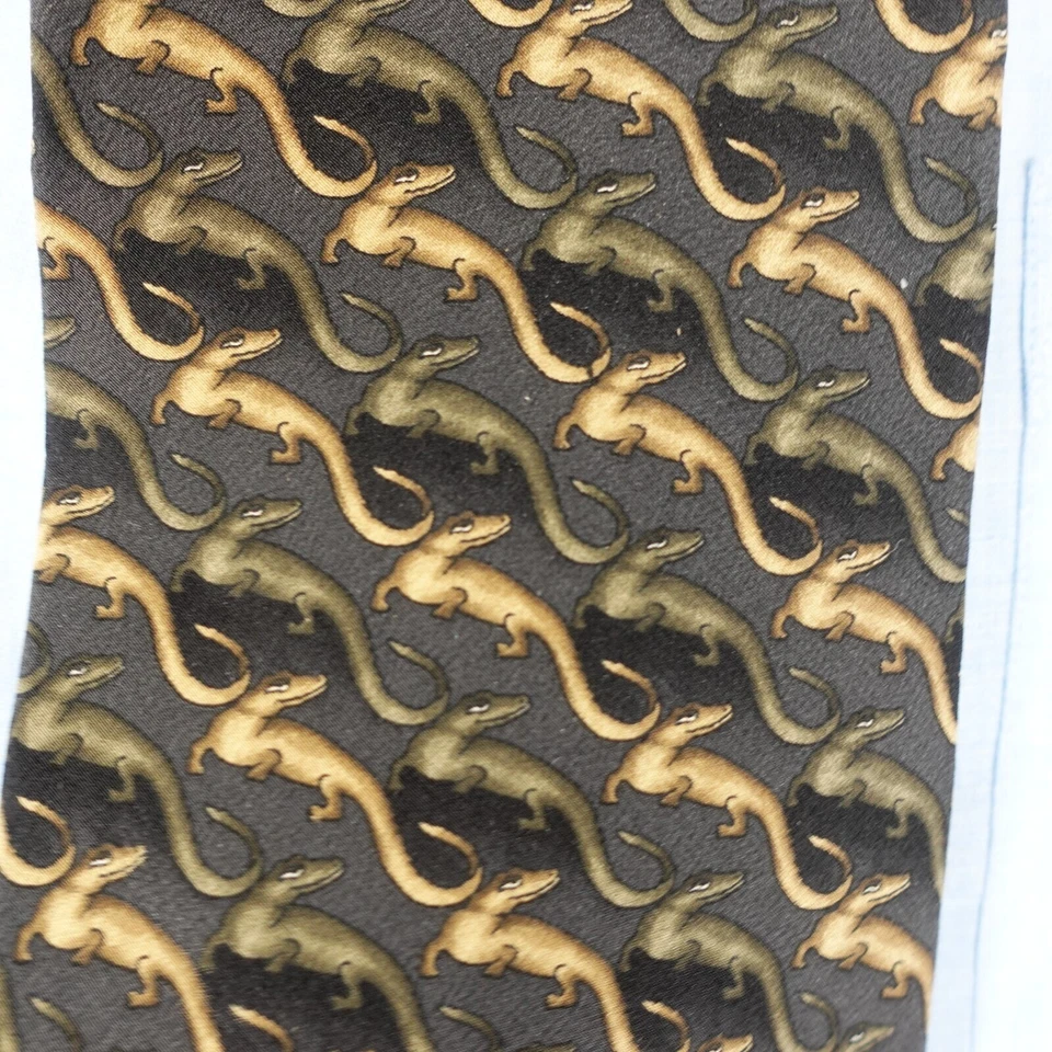 NATURA Neck Tie Mens Gray Tan Striped Silk Suit Modern Lizard Dark WIDE USA - Image 2 of 4