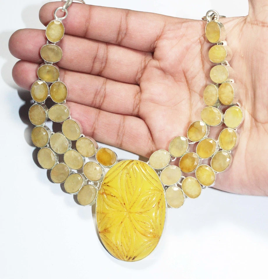 Collar de piedras preciosas de ónix amarillo tallado collar de joyería tamaño 18 pulgadas Foto 3 de 4