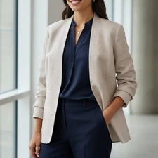 Talbots Plus Size 22W 100% Linen Beige Tan Open Front Blazer Jacket