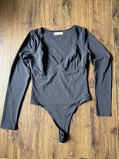 Qinsen black long sleeve bodysuit plunge neck size Large