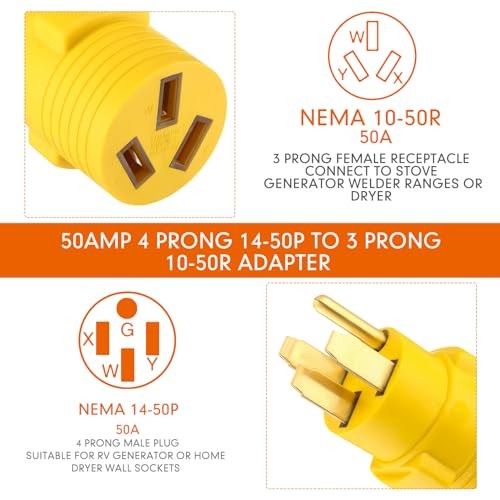 Kanayu 50Amp RV to Stove Adapter Compatible with NEMA 14-50P to 10-50R, Yellow