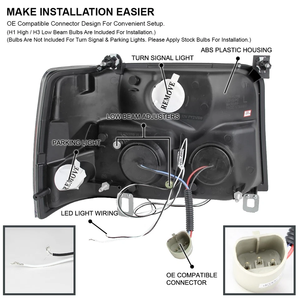 Black Fits 1992-1996 Ford Bronco F150 F250 F350 LED Halo Projector Headlights Foto 4 de 4