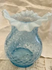 Vintage Blue & White Art Glass Vase Ruffled Rim Marbled / Slag Glass Style