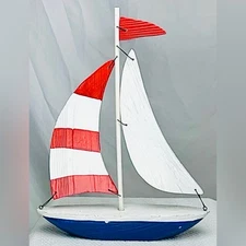 VTG Wooden Sailboat Red White Blue Nautical Coastal Decor 14.25x11.5 Handmade