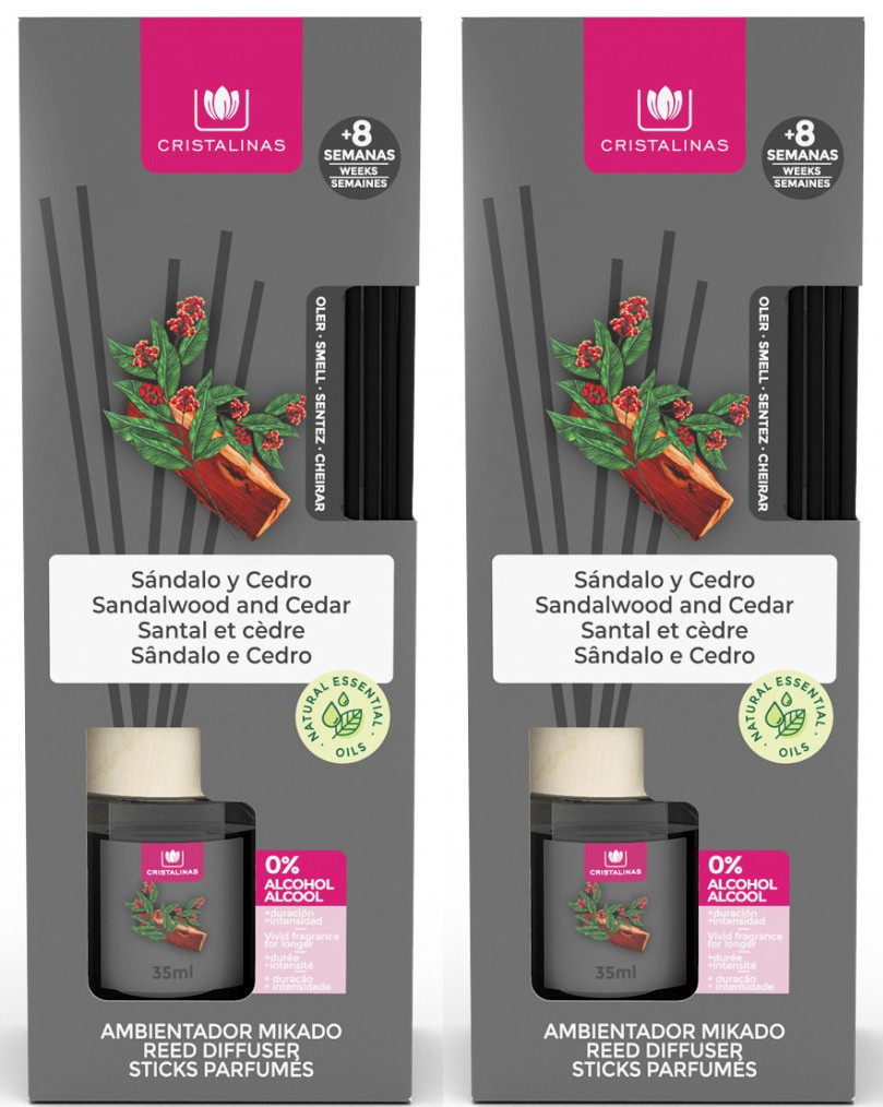 2x Cristalinas Reed Diffuser Home Office Air Freshener 25ml - Sandalwood & Cedar
