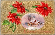 Vintage 1910 Embossed Christmas Postcard Poinsettias & Snowy Cottage Nash