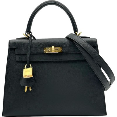 HERMES Kelly 25 Black Epsom Leather Shoulder Bag G Stamp #OKB7665