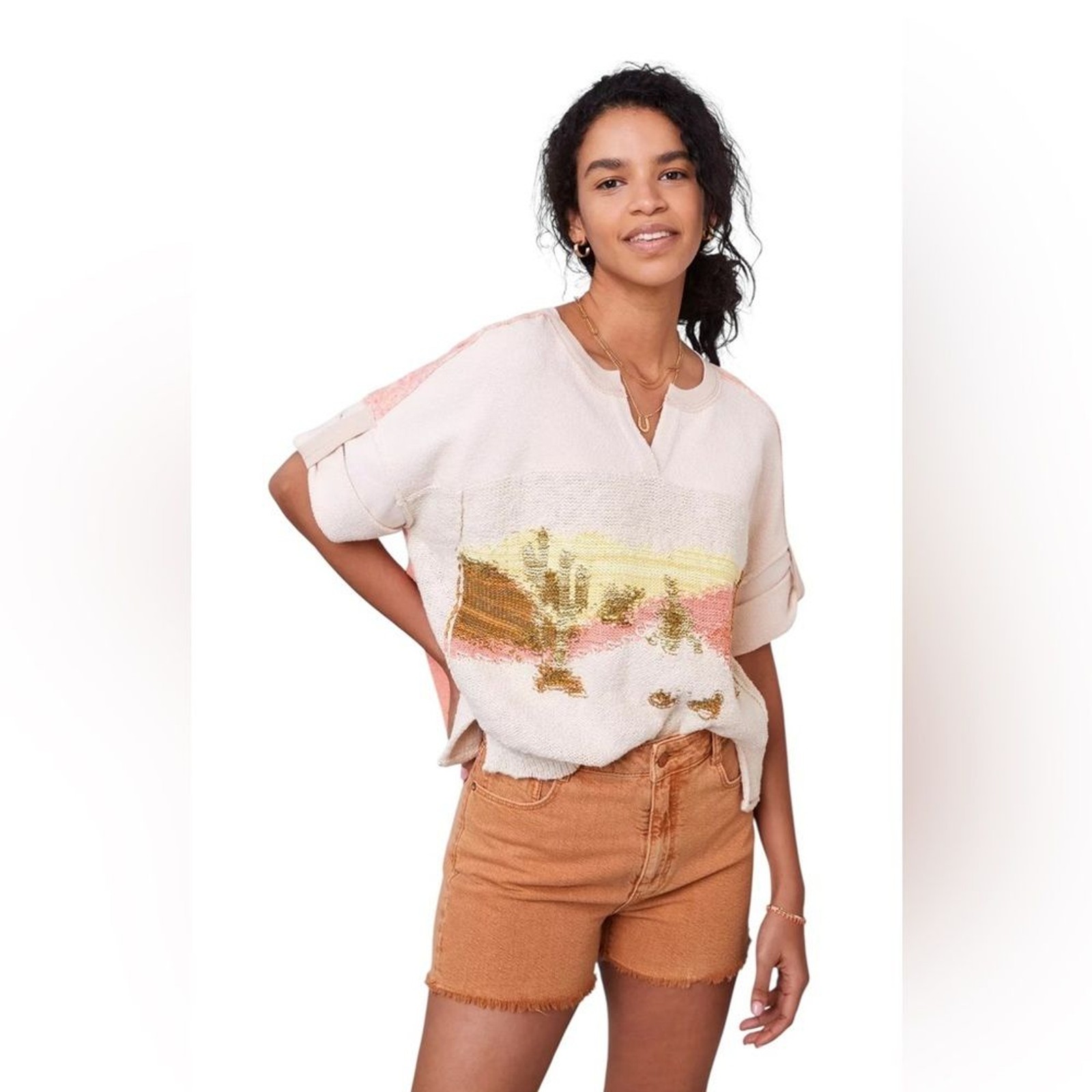 Pilcro Anthropologie Desert Intarsia Sweater Tee Womens Size Medium Cotton